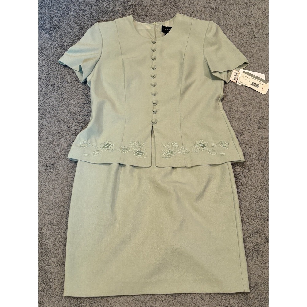 NWT VIRGO Dress Womens 10P Jacketed Sage Green Petite Button Front Formal